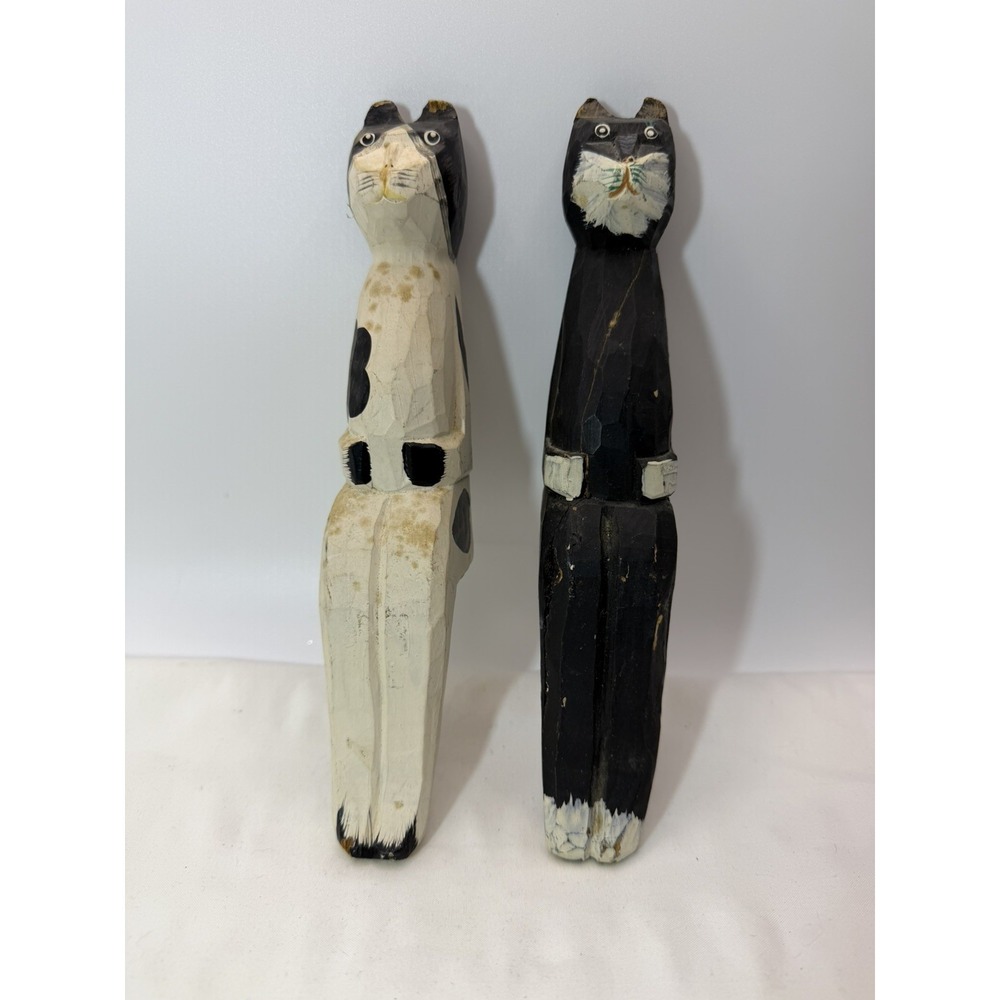 Set of 2 Vintage Carved Wooden Shelf Sitter Cat 8 Inches Folk Art